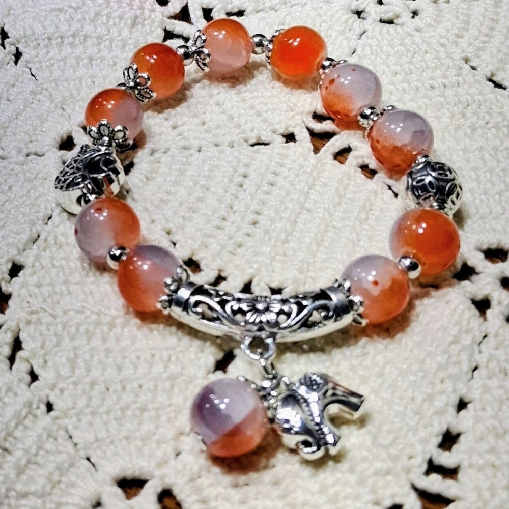 Lucky Elephant Koi Bracelet Stretch Stone And Silver Koi Money Coin Asian Style